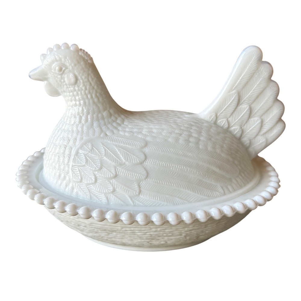 Vintage Indiana White Glass Hen on Nest Covered Dish Beaded Edge 7in